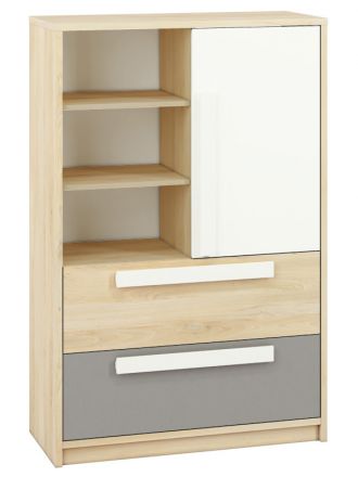Chambre d'adolescents - Commode Greeley 07, couleur : hêtre / blanc / gris platine - Dimensions : 140 x 92 x 40 cm (H x L x P), avec 1 porte, 2 tiroirs et 6 compartiments