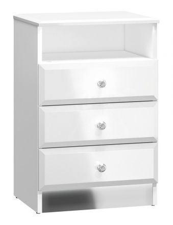 Table de chevet Sydfalster 07, Couleur : Blanc / Blanc brillant - Dimensions : 68 x 45 x 34 cm (H x L x P), avec 3 tiroirs et 1 étagère