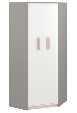 Chambre d'enfant - Armoire à portes battantes / armoire d'angle Renton 01, couleur : gris platine / blanc / rose poudré - Dimensions : 199 x 82 x 82 cm (h x l x p), avec 2 portes et 6 compartiments
