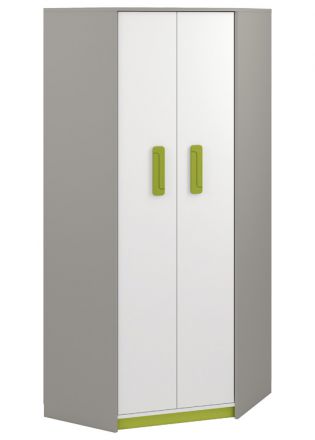 Chambre d'enfant - Armoire à portes battantes / armoire d'angle Renton 01, couleur : gris platine / blanc / vert - Dimensions : 199 x 82 x 82 cm (H x L x P), avec 2 portes et 6 compartiments