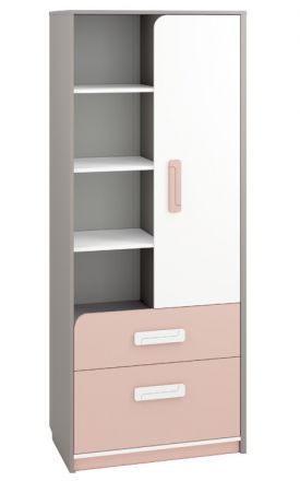 Chambre d'enfant - Armoire Renton 03, couleur : gris platine / blanc / rose poudré - Dimensions : 199 x 80 x 40 cm (H x L x P), avec 1 porte, 2 tiroirs et 8 compartiments
