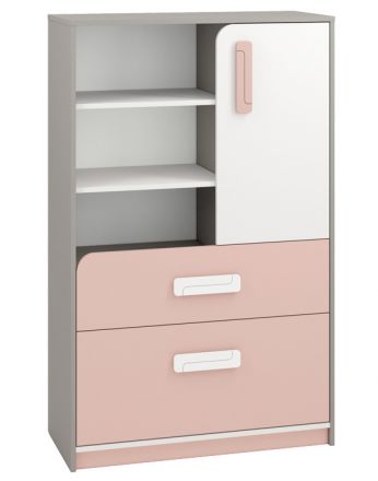 Chambre d'enfant - Renton 07 Commode, couleur : gris platine / blanc / rose poudré - Dimensions : 140 x 92 x 40 cm (H x L x P), avec 1 porte, 2 tiroirs et 6 compartiments