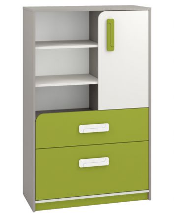 Chambre d'enfant - Commode Renton 07, couleur : gris platine / blanc / vert - Dimensions : 140 x 92 x 40 cm (H x L x P), avec 1 porte, 2 tiroirs et 6 compartiments