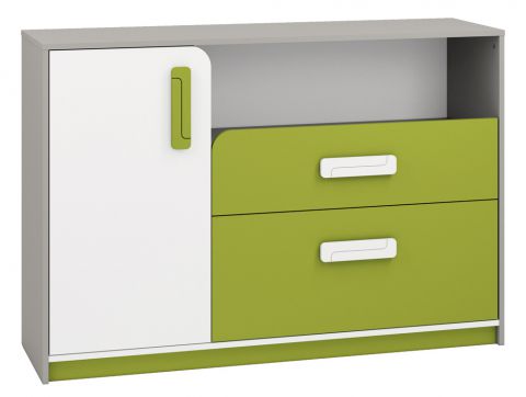 Chambre d'enfant - Renton 09 commode, couleur : gris platine / blanc / vert - Dimensions : 94 x 138 x 40 cm (H x L x P), avec 1 porte, 2 tiroirs et 4 compartiments