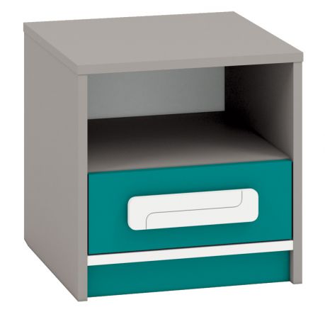 Chambre d'enfant - Table de chevet Renton 13, couleur : gris platine / blanc / bleu-vert - Dimensions : 40 x 40 x 40 cm (H x L x P), avec 1 tiroir et 1 compartiment