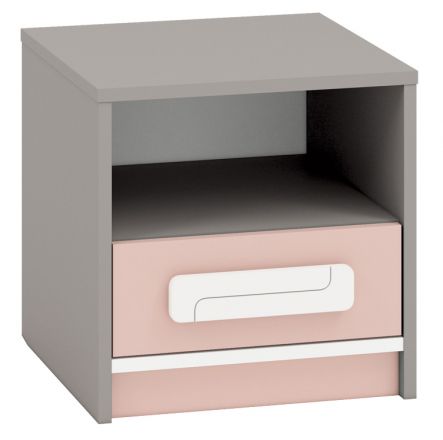 Chambre d'enfant - Table de chevet Renton 13, couleur : gris platine / blanc / rose poudré - Dimensions : 40 x 40 x 40 cm (H x L x P), avec 1 tiroir et 1 compartiment
