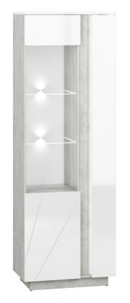 Vitrine Antioch 03, design : à gauche, couleur : blanc brillant / gris clair - Dimensions : 201 x 69 x 40 cm (h x l x p), avec 2 portes et 10 compartiments