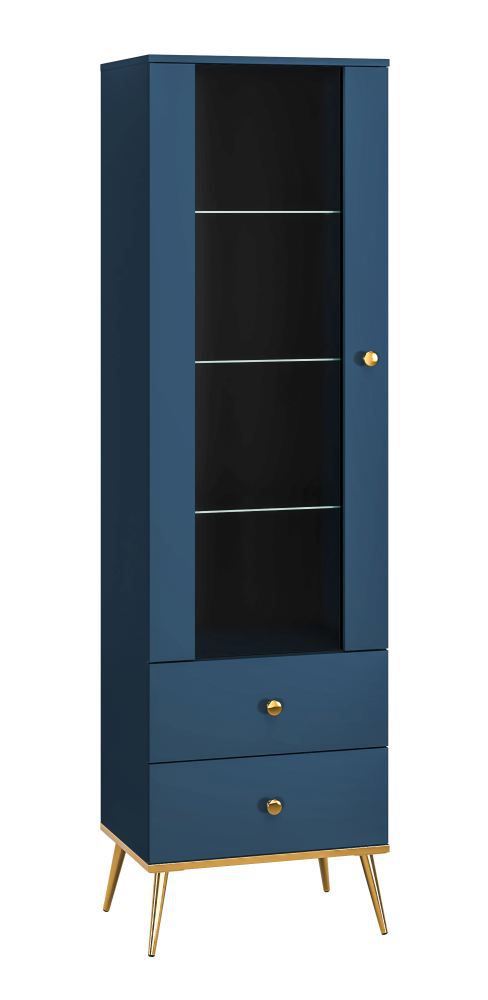Vitrine Kumpula 01, Couleur : Bleu foncé - Dimensions : 190 x 55 x 40 cm (h x l x p), avec 1 porte, 2 tiroirs et 4 compartiments