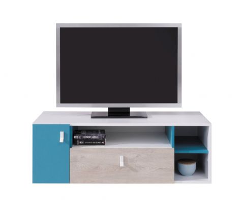 Chambre d'adolescents - Meuble bas pour TV Aalst 24, couleur : chêne / blanc / bleu - Dimensions : 40 x 120 x 50 cm (H x L x P)