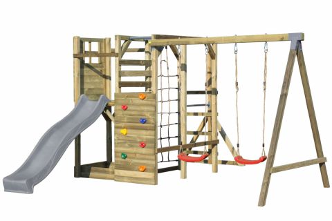 Tour de jeux S6B avec toboggan ondulé, balançoire double, bac à sable, mur d'escalade, cage à grimper, filet à grimper et barre fixe - Dimensions : 380 x 460 cm (l x p)