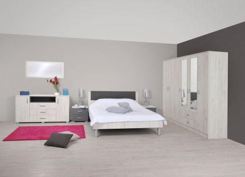 Chambre à coucher complète - Set A Sidonia, 8 pièces, couleur : blanc chêne / anthracite