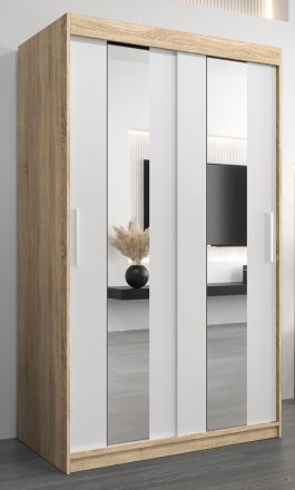 Armoire à portes coulissantes / Penderie Polos 02 avec miroir, Couleur : Chêne de Sonoma / Blanc mat - Dimensions : 200 x 120 x 62 cm (H x L x P)