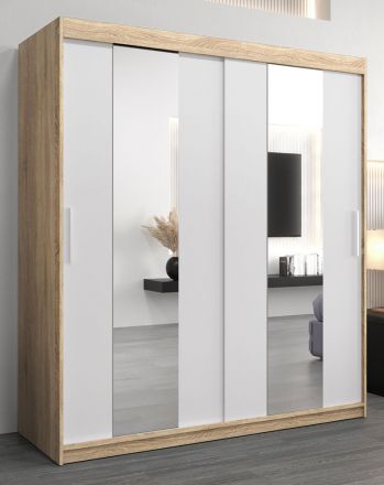 Armoire à portes coulissantes / Penderie Polos 04 avec miroir, Couleur : Chêne de Sonoma / Blanc mat - Dimensions : 200 x 180 x 62 cm (H x L x P)