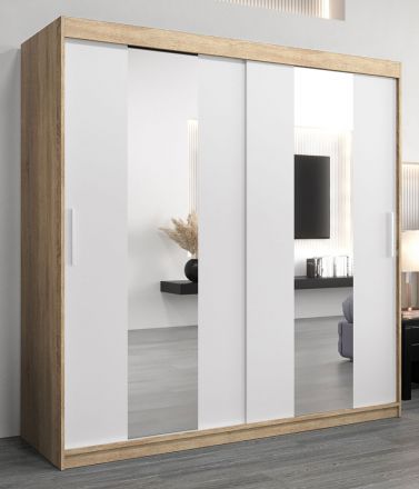 Armoire à portes coulissantes / Penderie Polos 05 avec miroir, Couleur : Chêne de Sonoma / Blanc mat - Dimensions : 200 x 200 x 62 cm (H x L x P)