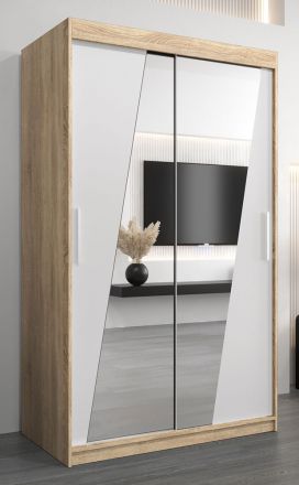Armoire à portes coulissantes / Penderie Guajara 02 avec miroir, Couleur : Chêne de Sonoma / Blanc mat - Dimensions : 200 x 120 x 62 cm (H x L x P)