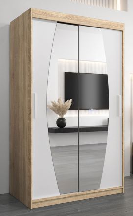 Armoire à portes coulissantes / Penderie Calvitero 02 avec miroir, Couleur : Chêne de Sonoma / Blanc mat - Dimensions : 200 x 120 x 62 cm ( H x L x P)
