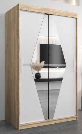 Armoire à portes coulissantes / Penderie Alphubel 02 avec miroir, Couleur : Chêne de Sonoma / Blanc mat - Dimensions : 200 x 120 x 62 cm ( H x L x P)