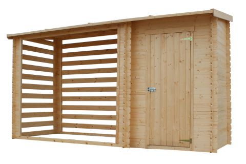 Abri pour bois de chauffage avec armoire - 332 x 118 x 199 cm (L x l x h) en madriers de 19 mm - feutre de recouvrement inclus