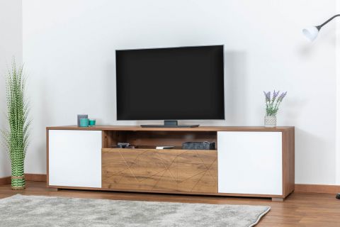 Meuble TV Manase 06, couleur : chêne brun / blanc brillant - 49 x 180 x 47 cm (H x L x P)