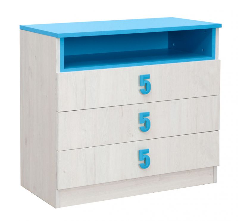 Chambre d'enfant - commode Luis 13, couleur : chêne blanc / bleu - 75 x 80 x 52 cm (H x L x P)