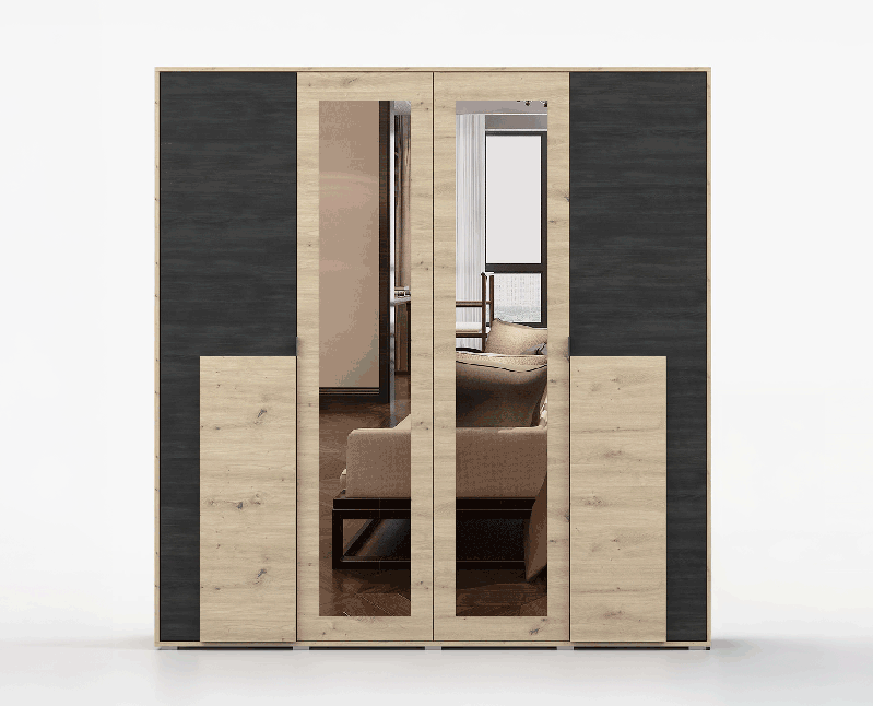 Armoire penderie 2 m à portes battantes | 4 portes, 14 compartiments | Apuseni 01 | Artisan/pin | 208 x 200 x 65 cm | Grand espace de rangement