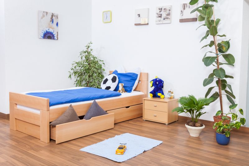 Lit enfant / lit junior "Easy Premium Line" K2 avec 2 tiroirs et 2 panneaux de recouvrement, 90 x 200 cm bois de hêtre massif nature