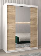 Armoire penderie à portes coulissantes Bisaurin 3B avec miroir | Blanc mat & chêne Sonoma | 200 x 150 x 62 cm