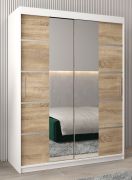 Armoire à portes coulissantes Jan 03D avec miroir | Blanc mat & chêne Sonoma | 200 x 150 x 62 cm
