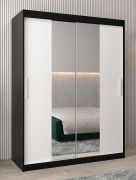Armoire penderie à portes coulissantes Bisaurin 3B avec miroir | Noir / Blanc mat | 200 x 150 x 62 cm
