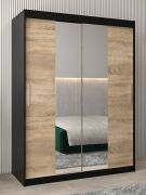 Armoire penderie portes coulissantes avec miroir | Noir & Chêne Sonoma | 200 x 150 x 62 cm | Série Bisaurin 3B