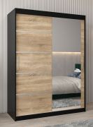 Armoire penderie coulissante avec miroir Jan 03B | Noir & Chêne Sonoma | 200 x 150 x 62 cm