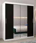Armoire penderie à portes coulissantes Bisaurin 4B avec miroir | Blanc mat / Noir | 200 x 180 x 62 cm