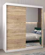 Armoire penderie à portes coulissantes Bisaurin 4C avec miroir | Blanc mat & chêne Sonoma | 200 x 180 x 62 cm