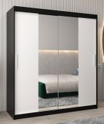 Armoire penderie Bisaurin 4B avec portes coulissantes et miroir | Noir / Blanc mat | 200 x 180 x 62 cm
