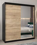 Armoire à portes coulissantes Bisaurin 4C avec miroir | Noir & chêne Sonoma | 200 x 180 x 62 cm