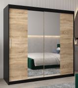 Armoire penderie avec portes coulissantes et miroir | Noir & Chêne Sonoma | 200 x 200 x 62 cm | Bisaurin 5B