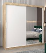 Armoire penderie à portes coulissantes Bisaurin 5C avec miroir | Espace optimisé | Chêne Sonoma / Blanc mat | 200 x 200 x 62 cm