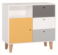 Commode Syrina 08 chambre ado | Blanc, gris, jaune | 96 x 103 x 45 cm | Design moderne