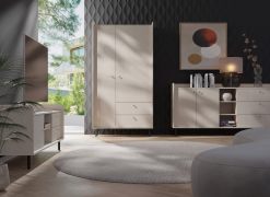 Ensemble de salon / 3 pièces / Couleur : Beige avec effet bois / Pieds et poignées : métal / 1 armoire à deux tiroirs / 1 meuble TV / 1 longue commode