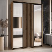 Armoire couleur chêne avec miroir Mina, beaucoup d'espace de rangement, brosses anti-poussière, poignées métalliques noires, robuste, 235,2 x 170 x 60 cm, étagères