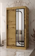 Armoire à portes coulissantes | Couleur : chêne Artisan | 100 x 62 x 200 cm | 1 porte miroir | 2 tringles à vêtements | armoire étroite | 5 compartiments | Poignées : noires