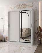 Armoire à portes coulissantes / Armoire à vêtements | Blanc mat | 150 x 62 x 200 cm | 2 tringles à vêtements | Système de glissières fiable | 5 compartiments | Miroir décoratif