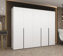 Armoire penderie Eiger 36 | 5 portes battantes | Soft-Close | 3 tringles | Blanc | 2,5 m de large | Poignées noires