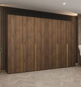Armoire à 4 tringles / Couleur : Noyer / 3 mètres de large / 4 compartiments / 4 portes / Système de fermeture Soft-Close / Poignées : Dorées / Pour chambre à coucher
