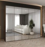 Armoire à portes battantes de 2,5 mètres de large / Couleur : Noyer / 5 portes miroir / Poignées : Argent / Système de fermeture Soft-Close / 3 compartiments / 3 tringles à vêtements