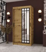 Armoire à portes coulissantes / Penderie à vêtements / Couleur : Chêne artisan / 100 x 62 x 200 cm / étroite / 1 porte miroir / Détails modernes / 2 tringles / 5 compartiments