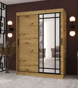 Penderie à portes coulissantes / Couleur : Chêne artisan / Porte miroir décorative / 150 x 62 x 200 cm / 5 compartiments / 2 tringles à vêtements / Armoire à portes coulissantes / Modèle élégant