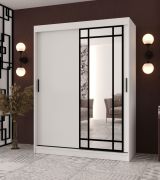 Penderie à portes coulissantes / Blanc mat / Porte miroir décorative / 150 x 62 x 200 cm / 5 compartiments / 2 tringles à vêtements / Armoire à portes coulissantes / Modèle élégant