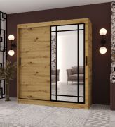 Armoire / Armoire à portes coulissantes | Couleur : chêne Artisan | porte miroir décorative | 180 x 62 x 200 | 10 compartiments | 2 tringles à vêtements | Détails modernes