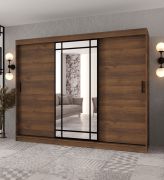 Armoire à portes coulissantes / porte miroir décorative / Couleur : Noyer Warmia / 2 tringles à vêtements / Penderie / 10 compartiments / 250 x 62 x 200 cm / Durable et résistante